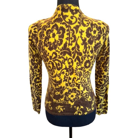 Carol Little Lambs Wool Angora Cardigan Mustard Yellow Brown Paisley Sweater S - Picture 2 of 9